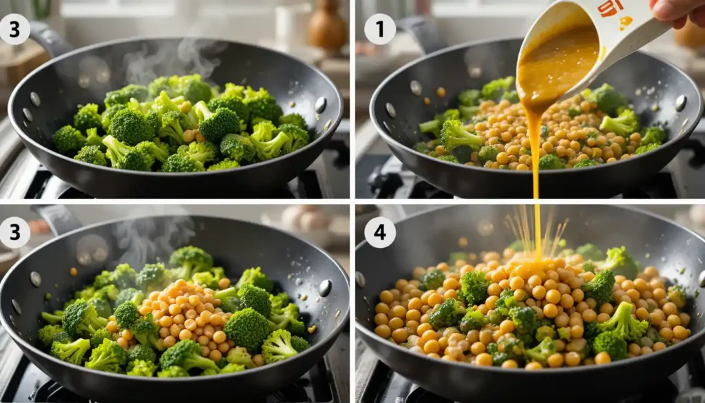 Step-by-step instructions showing broccoli, chickpeas, and garlic sauce being cooked in a wok