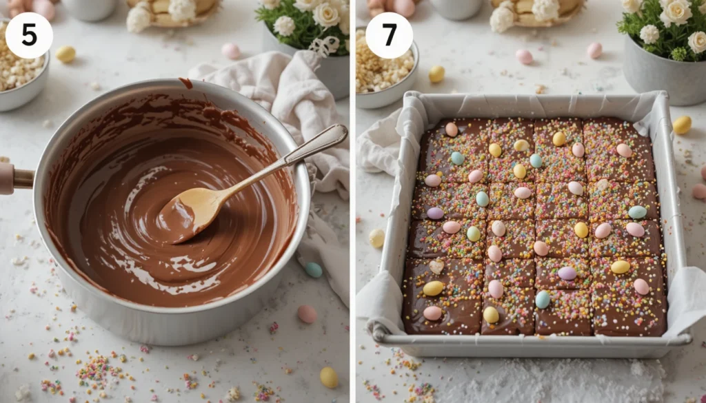Step-by-step instructions for making Easy Easter Fudge from melting to decorating and cutting