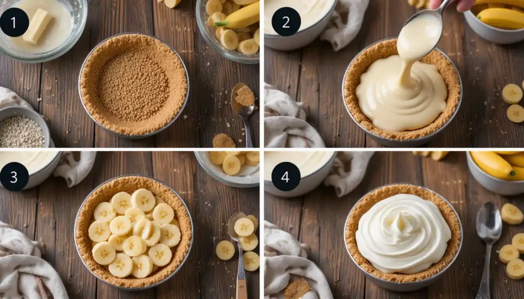 Step-by-step instructions for making no bake mini banana cream pies showing graham cracker crust, banana slices, vanilla pudding layer, and whipped cream topping.