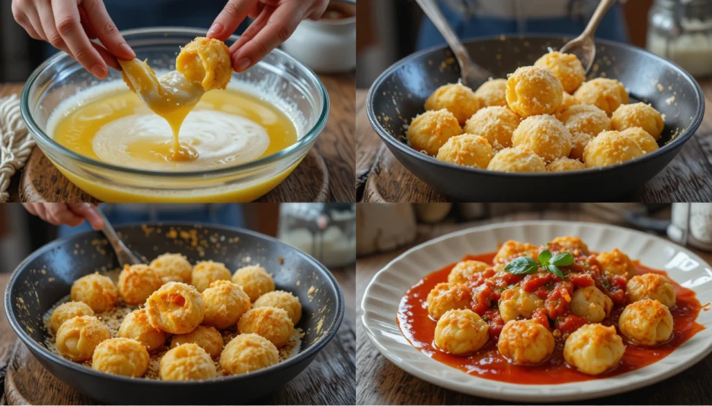 Step-by-step instructions showing how to coat, fry, and serve Parmesan Crusted Tortellini Bites