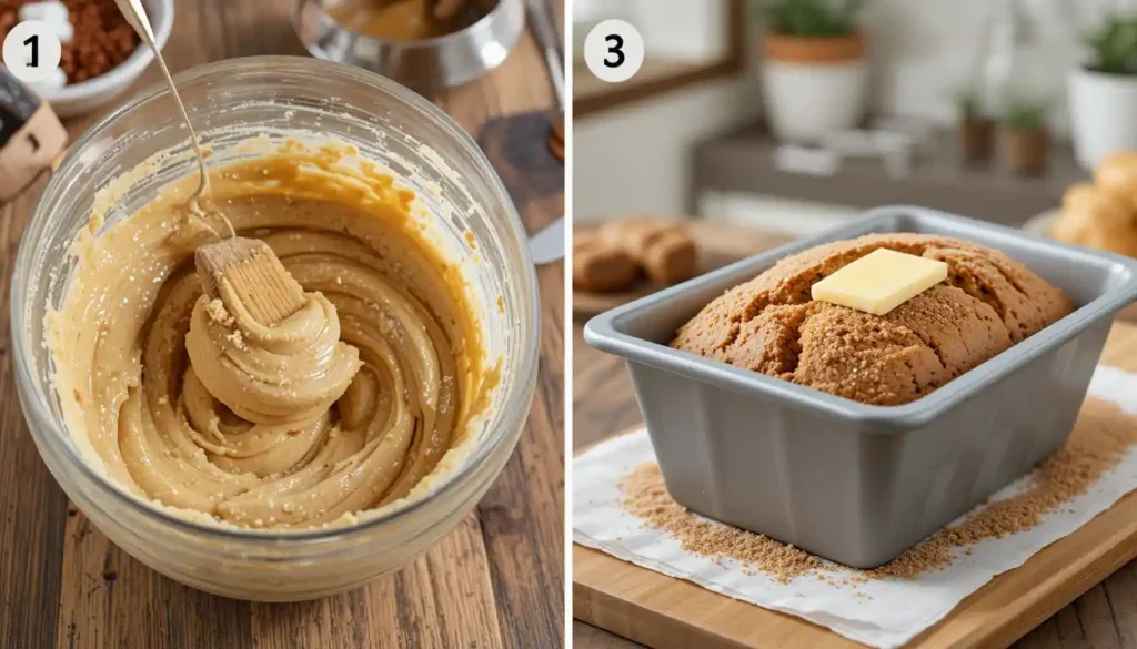 Step-by-step instructions showing how to bake and coat Spiced Apple Cider Donut Loaf with cinnamon sugar crust