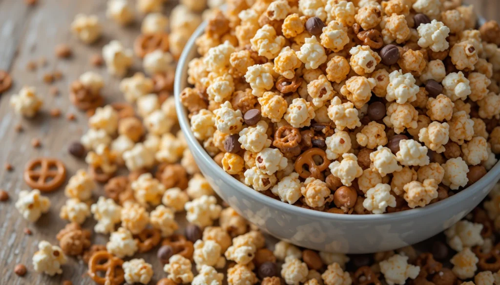 Sweet & Salty Popcorn Mix in a bowl with caramel popcorn, pretzels, and chocolate pieces