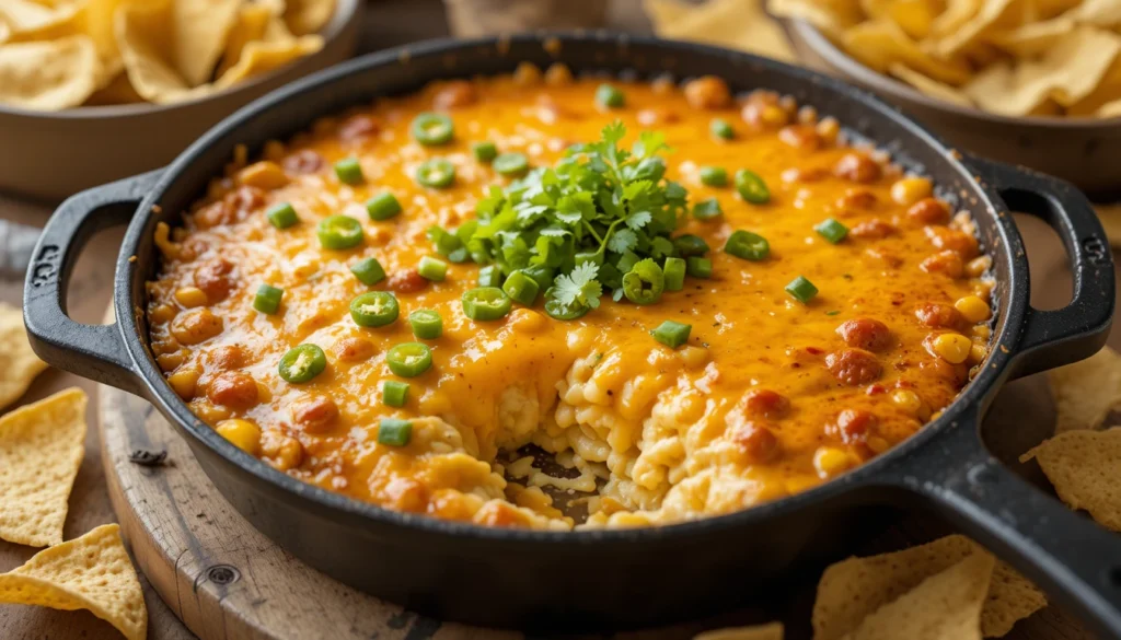 Traditional corn dip recipe – easy, cheesy & crowd-pleasing served with tortilla chips.