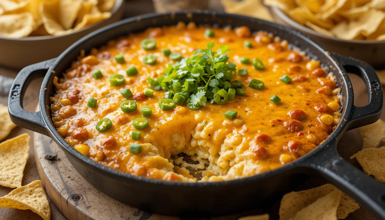 Traditional corn dip recipe – easy, cheesy & crowd-pleasing served with tortilla chips.