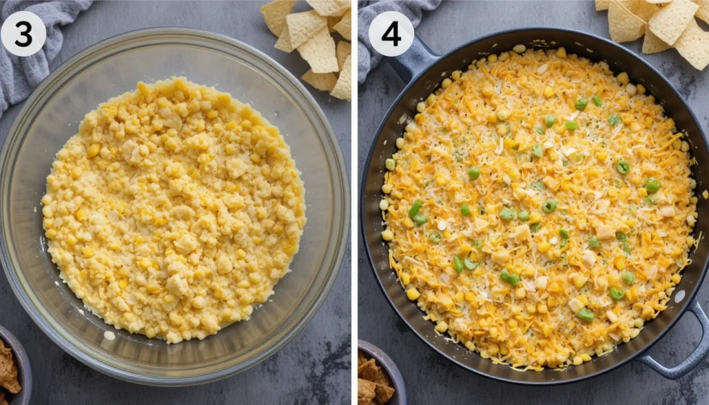 Step-by-step instructions for making traditional cheesy corn dip from mixing to baking.