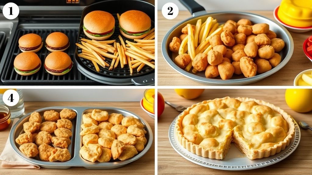 Step-by-step instructions for making a homemade McDonald’s feast with burgers, fries, nuggets, and dessert.