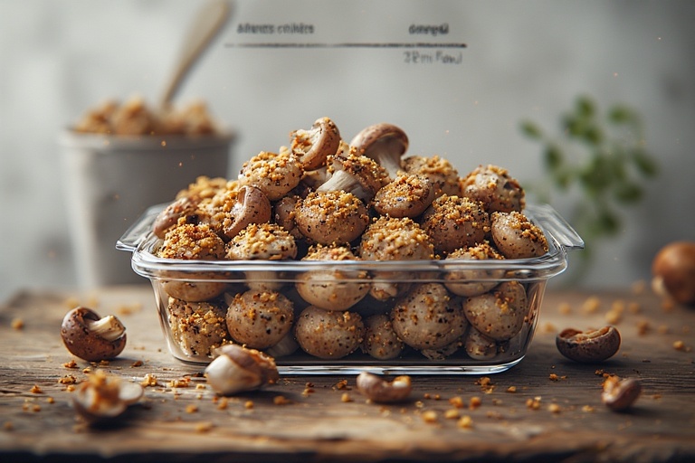 Nutrition facts per serving for White Cheddar Stuffed Mushrooms with calories, fat, protein, and carbs.