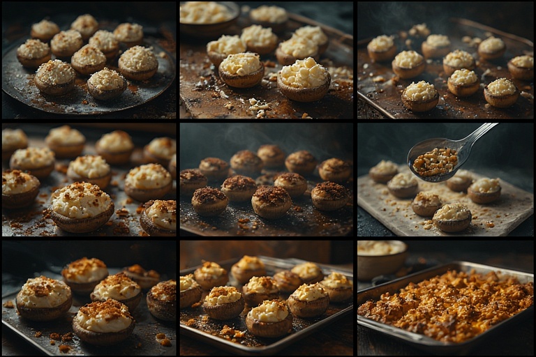 Step-by-step instructions for preparing and baking White Cheddar Stuffed Mushrooms.