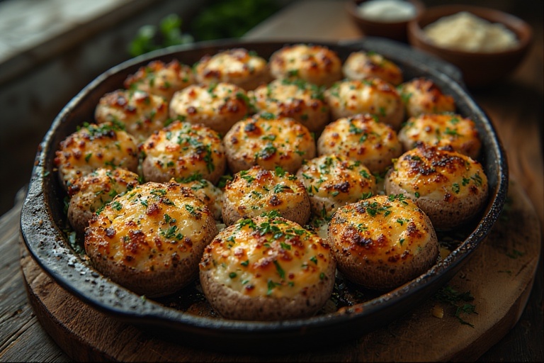 White Cheddar Stuffed Mushrooms baked golden brown and garnished with fresh parsley.