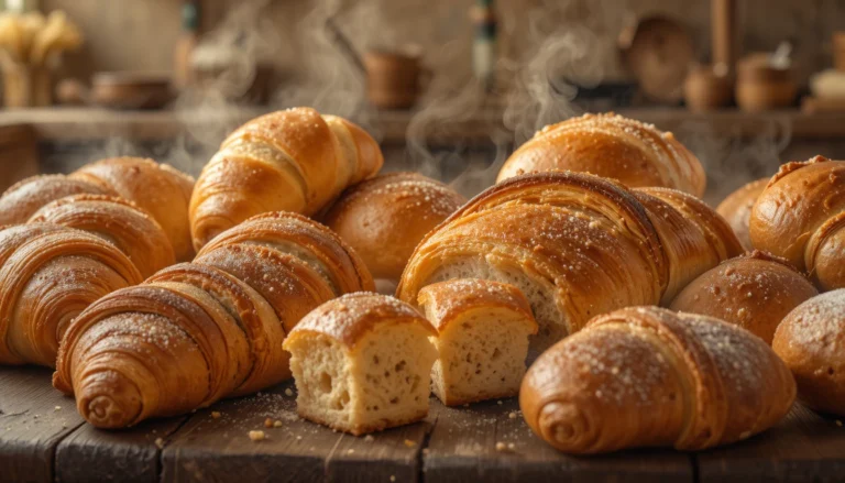 Freshly baked bread and baked goods on a rustic table with warm homemade comfort feel.