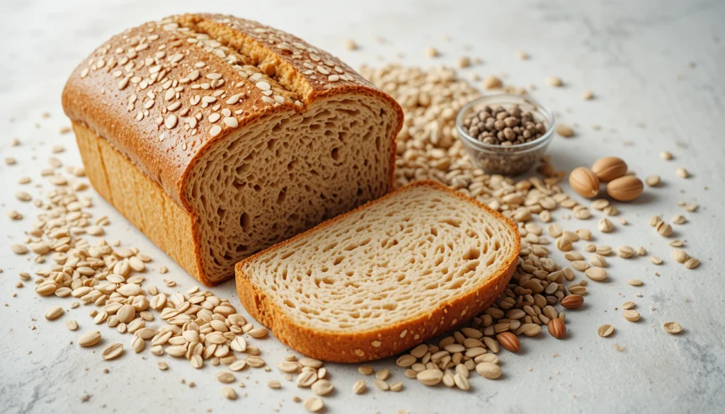 Healthy whole-grain bread with oats and seeds highlighting fiber and nutritional benefits.