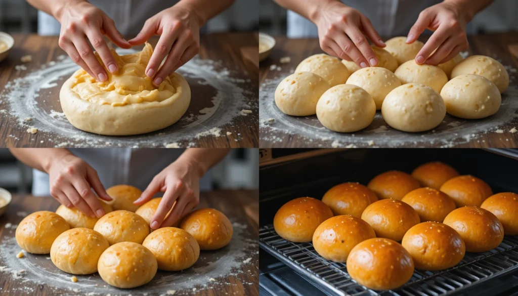 Step-by-step process of baking bread and baked goods from kneading dough to golden-brown finish.