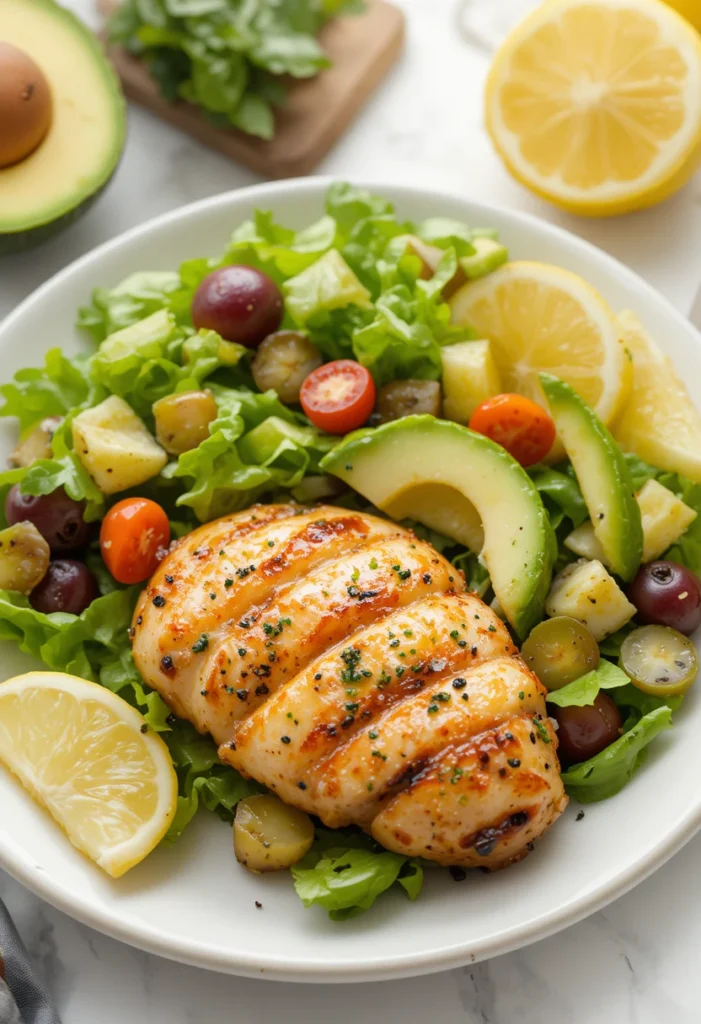 Healthy grilled chicken with salad and avocado representing the nutritional benefits of chicken recipes.
