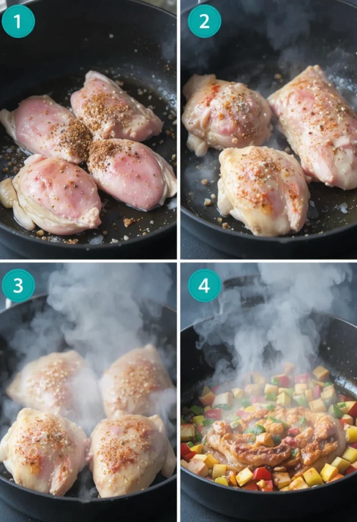 Step-by-step cooking process for easy chicken recipes from seasoning to serving.