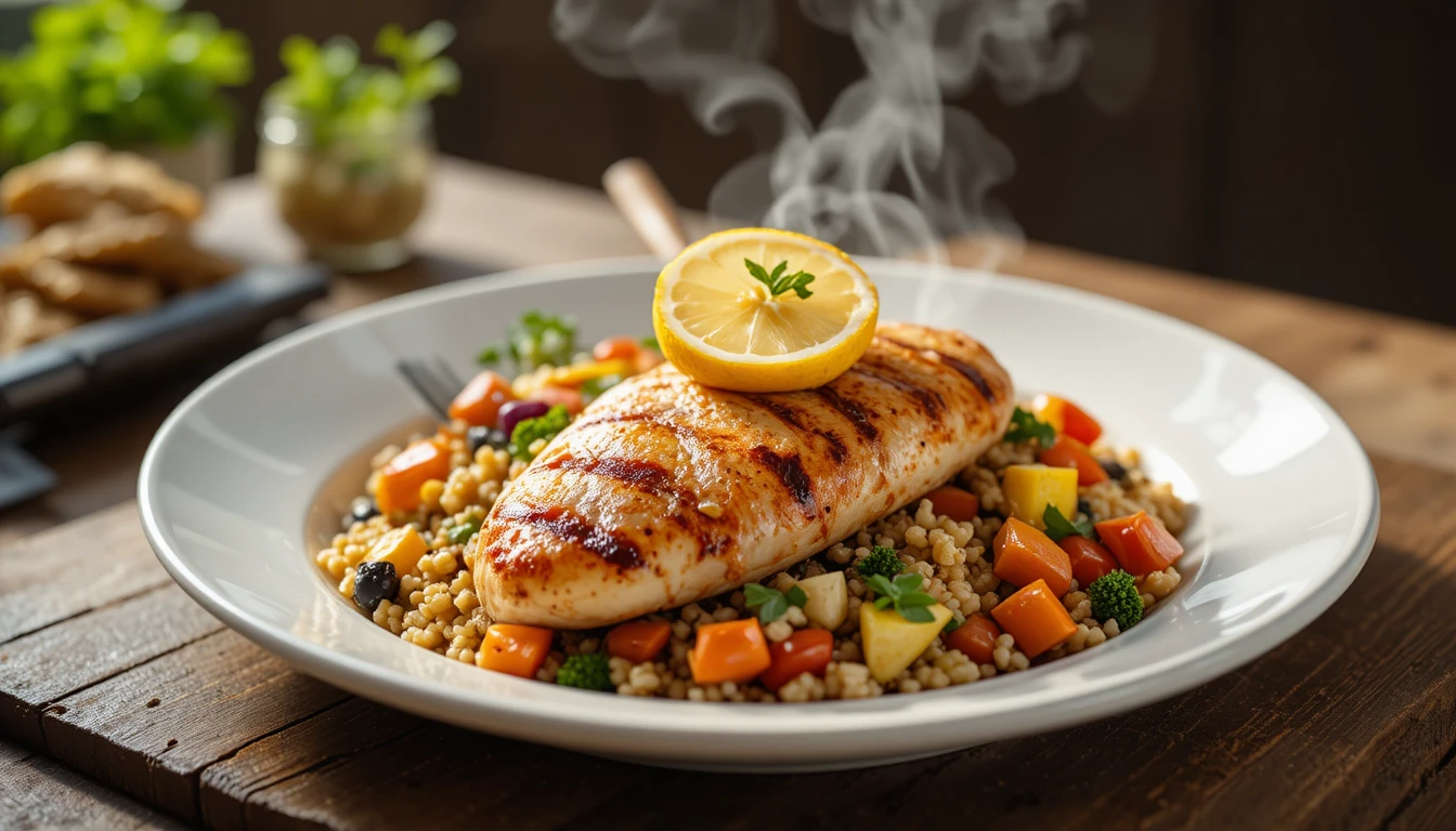 Easy and Healthy Chicken Recipes featuring grilled chicken with vegetables and quinoa.