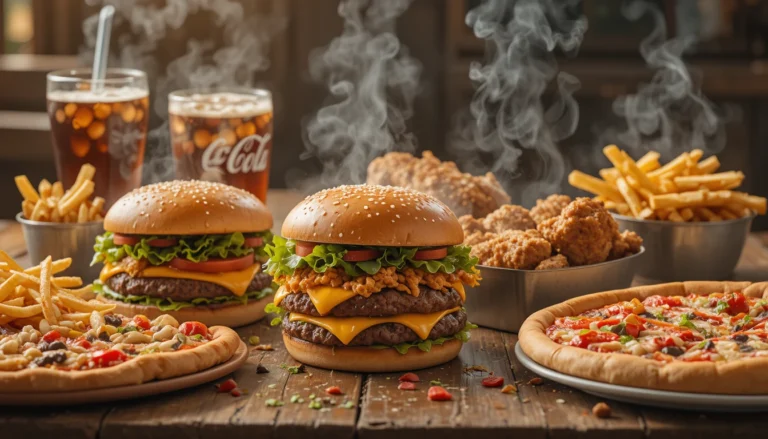 A delicious fast-food spread including burgers, fries, pizza, and fried chicken to satisfy cravings.