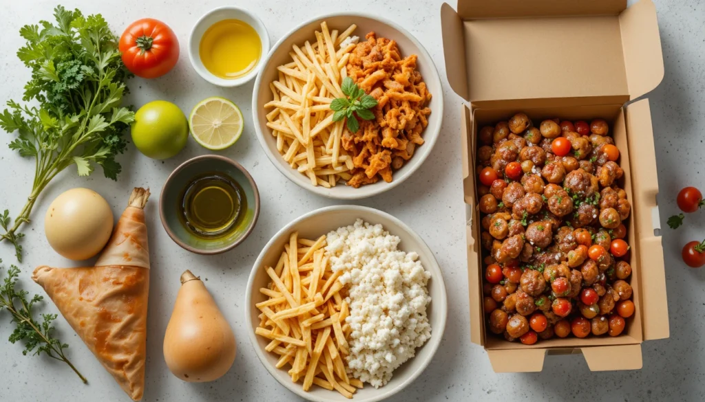 Comparison of healthy homemade fast food with takeout, showing fresh ingredients and balanced portions.