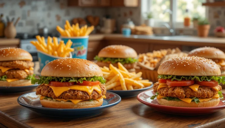 Fast Food Cravings: Homemade Favorites including burgers, fries, chicken nuggets, and sandwiches on a wooden table.