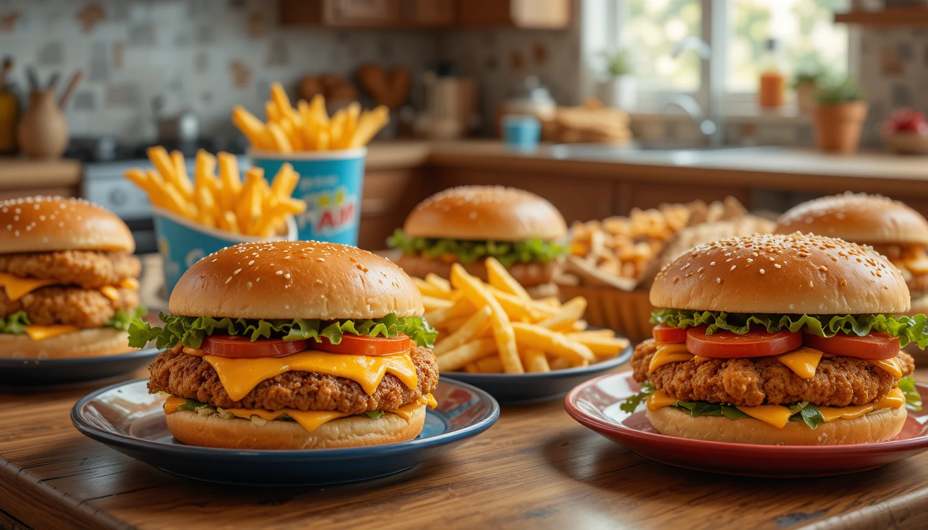 Fast Food Cravings: Homemade Favorites including burgers, fries, chicken nuggets, and sandwiches on a wooden table.