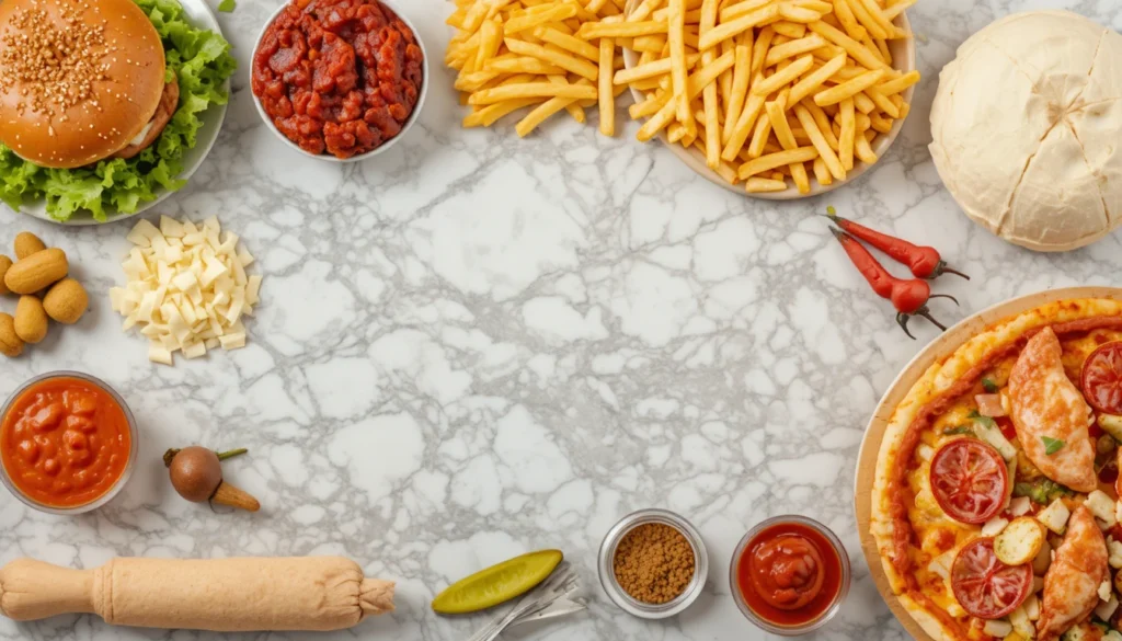 Ingredients for making classic fast foods like burgers, fries, and pizza.