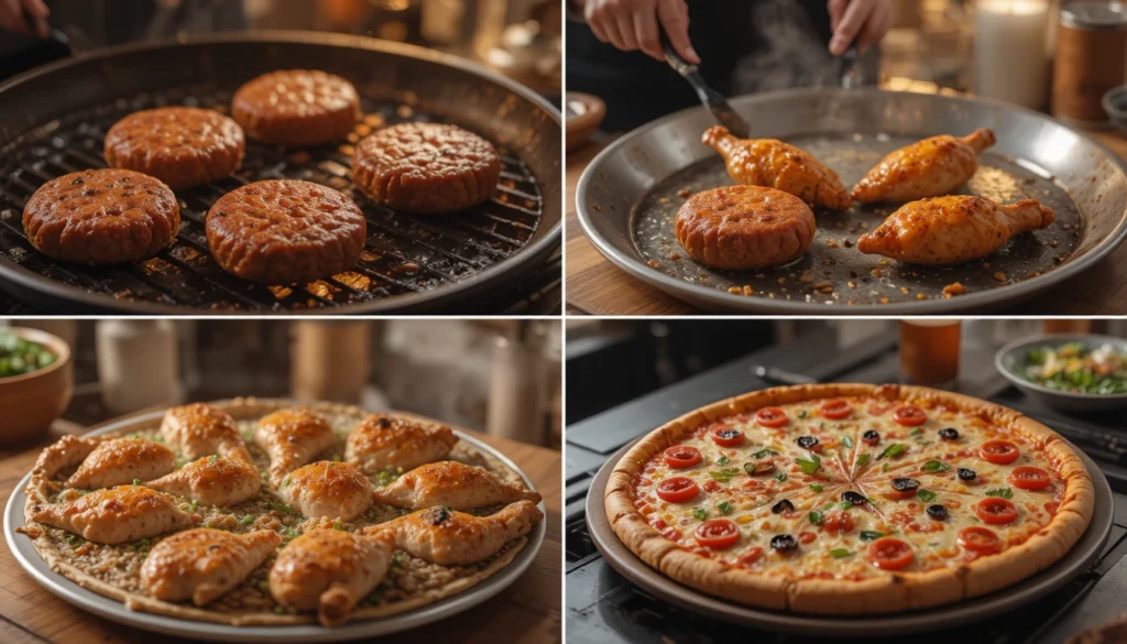 Step-by-step cooking process for making fast food including burgers, chicken, and pizza.