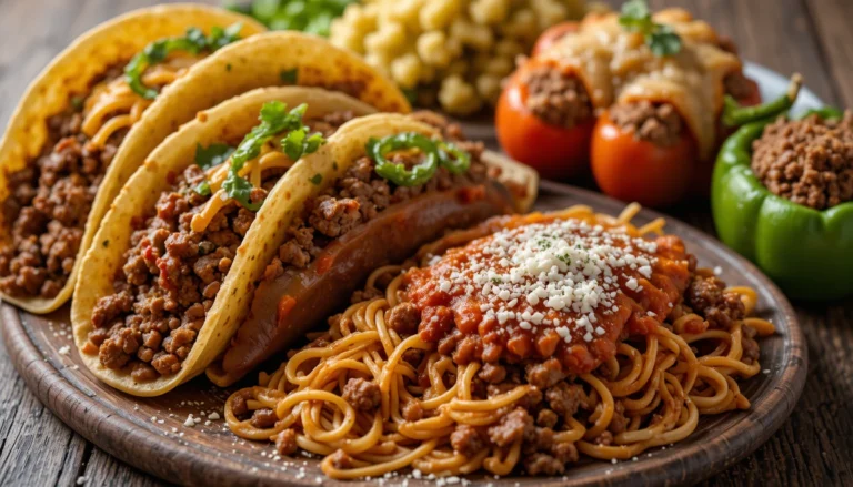 Assortment of ground beef recipes including tacos, casseroles, pasta, and stuffed peppers on a rustic table.