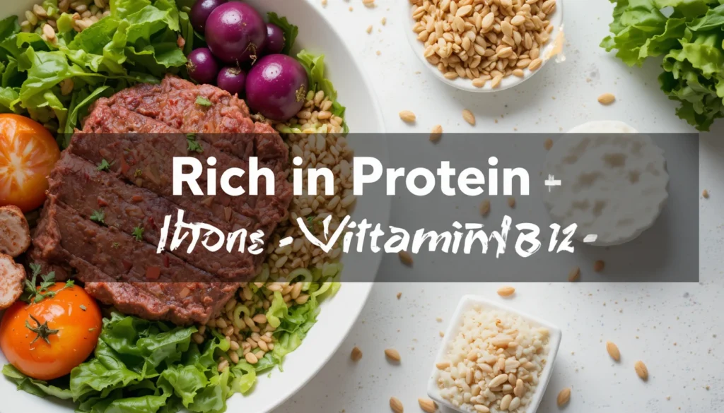Healthy balanced meal with lean ground beef, vegetables, and grains highlighting protein and nutrient benefits.