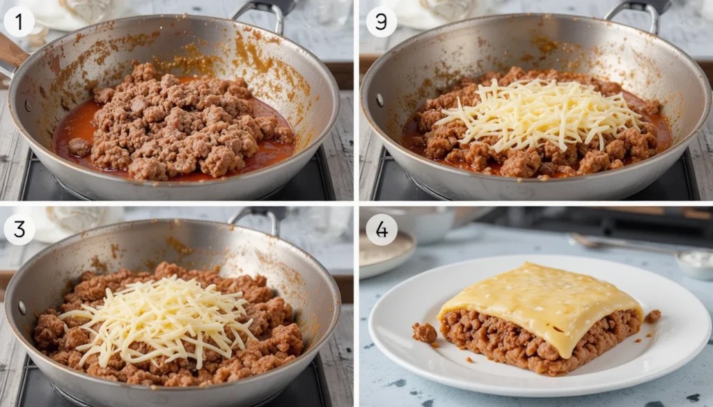 Step-by-step process of cooking ground beef from skillet preparation to serving.
