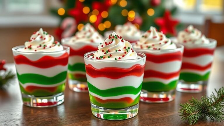 Holiday Jello Dessert Cups layered in red and green with whipped cream and festive sprinkles.