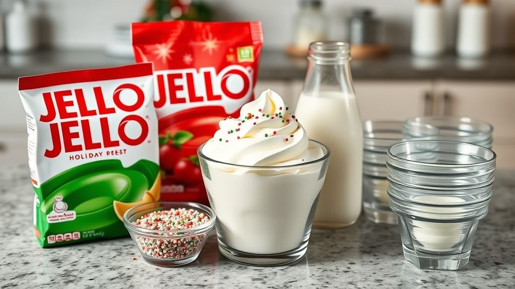 Ingredients for Holiday Jello Dessert Cups including red and green Jello, whipped cream, and sprinkles.