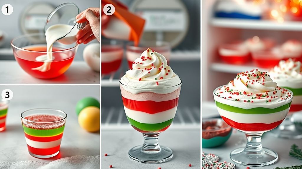 Step-by-step instructions showing how to make Holiday Jello Dessert Cups with layered Jello and whipped cream