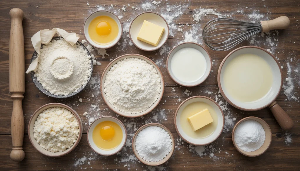 Baking ingredients for bread and baked goods including flour, eggs, butter, milk, and yeast on a wooden counter.