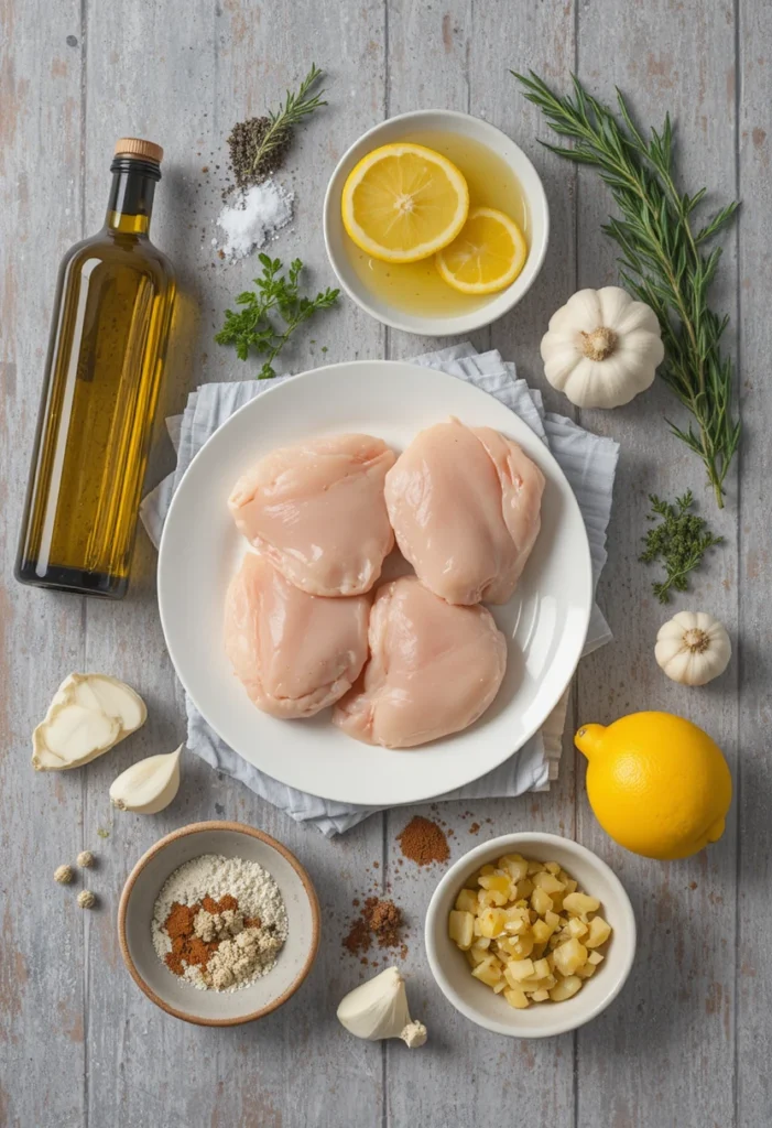 Ingredients for chicken recipes including chicken breasts, olive oil, herbs, garlic, and spices.