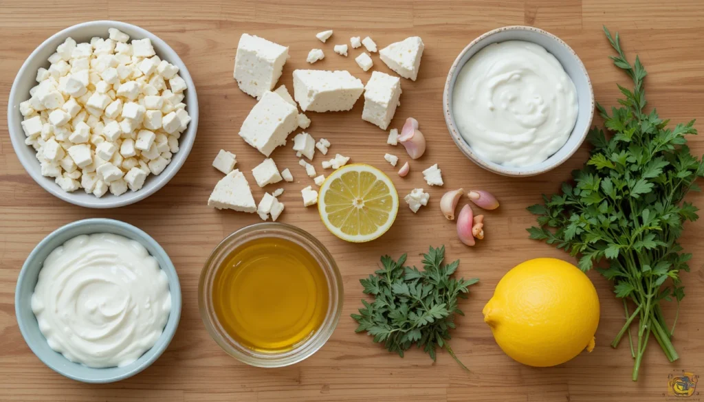 Ingredients for Creamy Garlic Feta Dip including feta, garlic, olive oil, yogurt, lemon, and herbs.