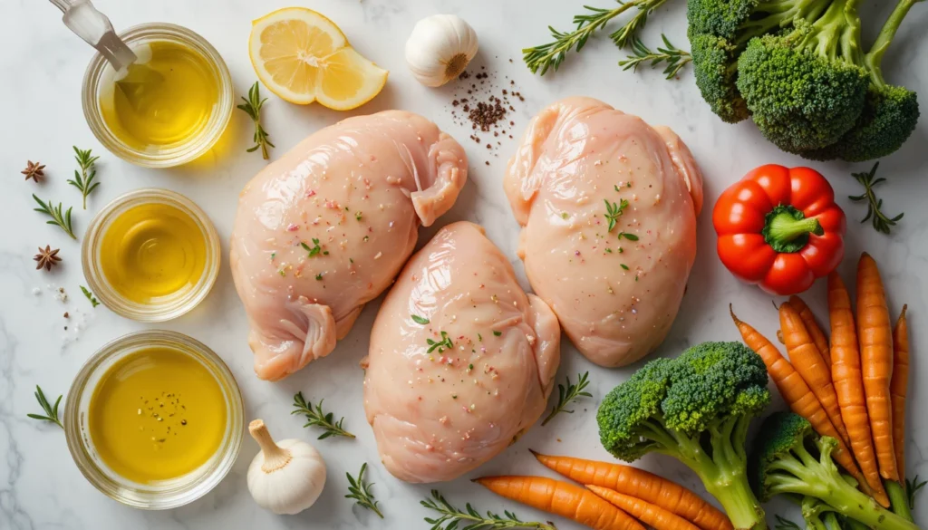 Ingredients for Easy & Healthy Chicken Recipes including chicken, olive oil, garlic, lemon, and herbs.
