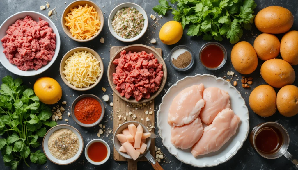 Fresh ingredients for homemade fast food favorites including beef, buns, cheese, and potatoes.