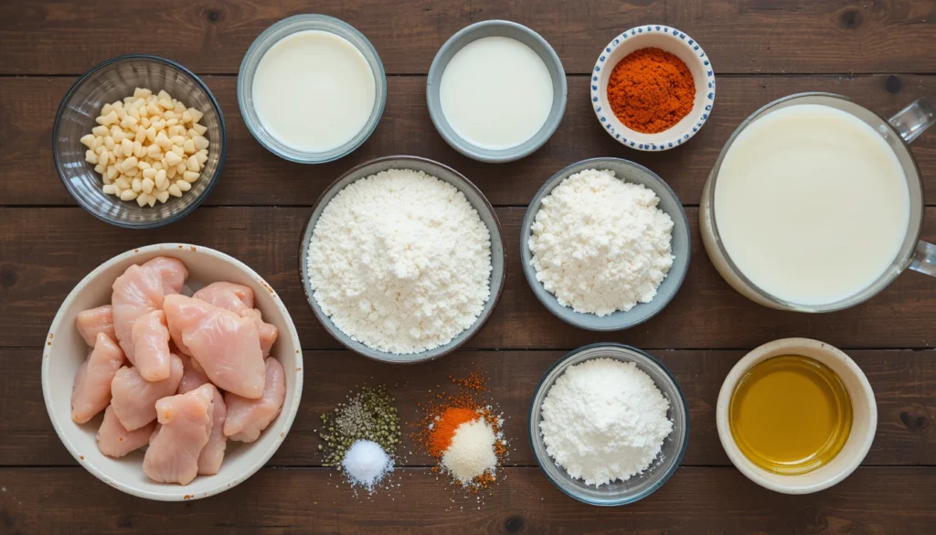 Ingredients for KFC-style homemade fried chicken including chicken, flour, spices, and buttermilk.
