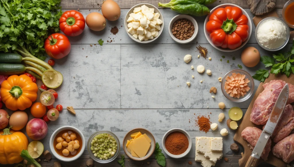 Fresh ingredients for making party food recipes including vegetables, cheese, sauces, and meats.