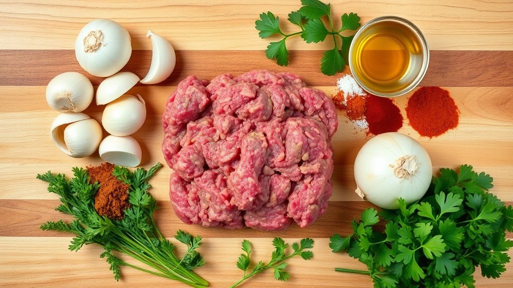 Ingredients for seasoned ground beef including ground beef, onion, garlic, and spices.