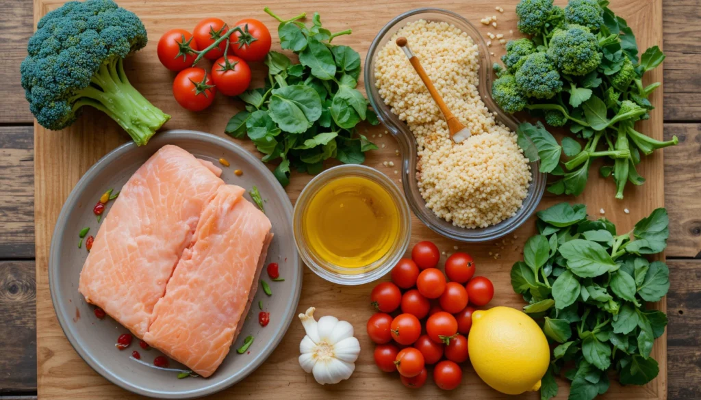 Ingredients for Quick & Healthy Dinner Recipes including salmon, chicken, quinoa, and fresh vegetables.
