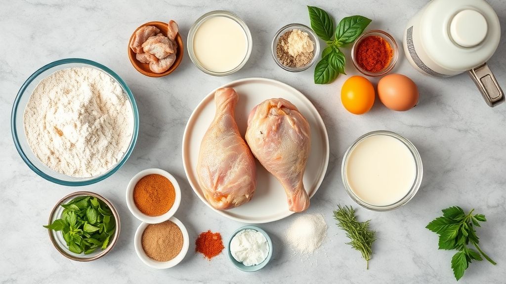 Ingredients for homemade crispy fried chicken including chicken, flour, buttermilk, eggs, and spices.