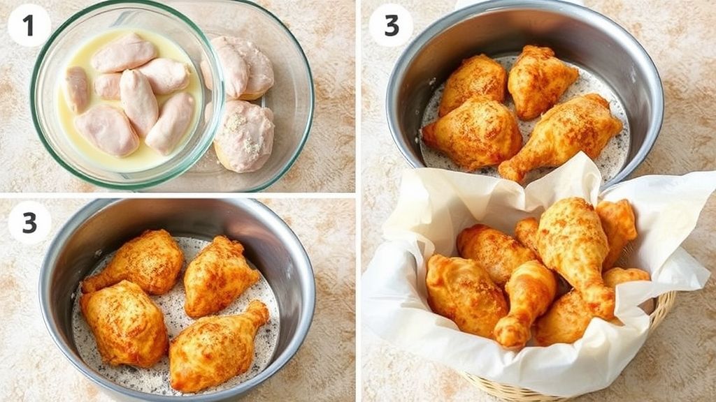 Step-by-step instructions for making KFC-style crispy fried chicken from marinating to frying.