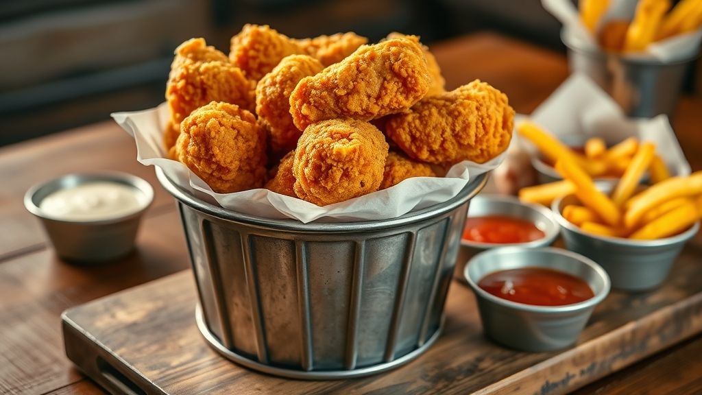 KFC Lovers – Homemade Copycat Recipe for Crispy Fried Chicken served with fries and dipping sauces.