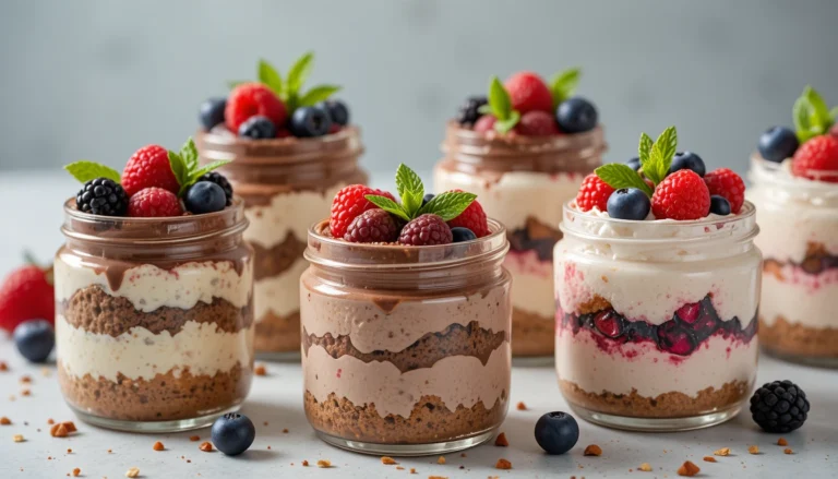 No-Bake Desserts – Easy, Creamy & Irresistible Sweet Treats with chocolate mousse, cheesecake jars, and fruit parfaits.