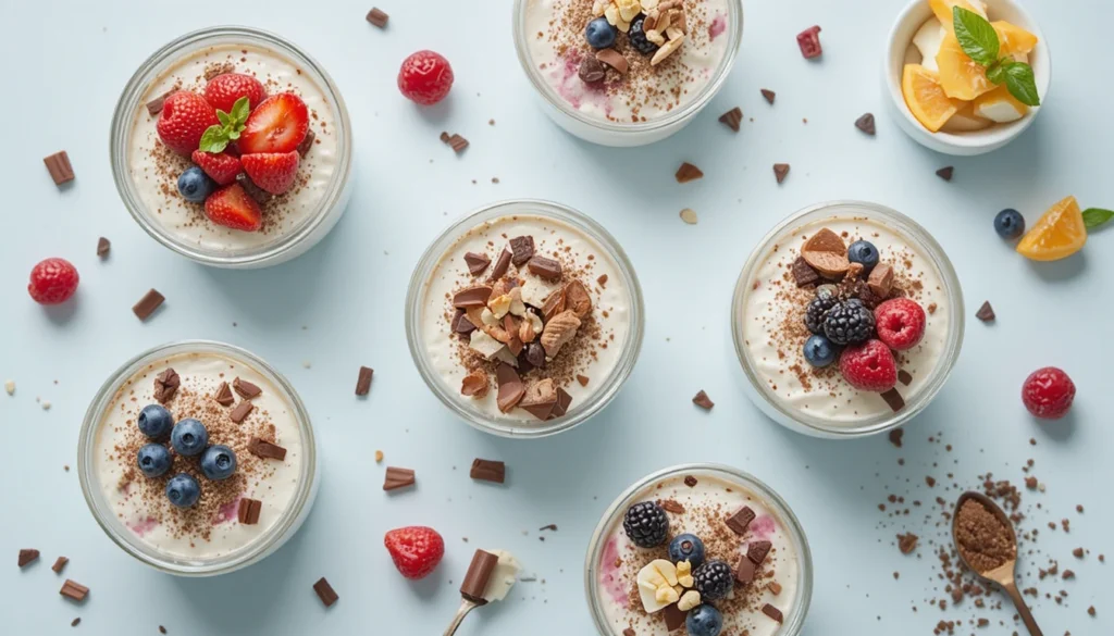 Healthier no-bake desserts made with Greek yogurt, fruits, and dark chocolate, showing their wholesome benefits.