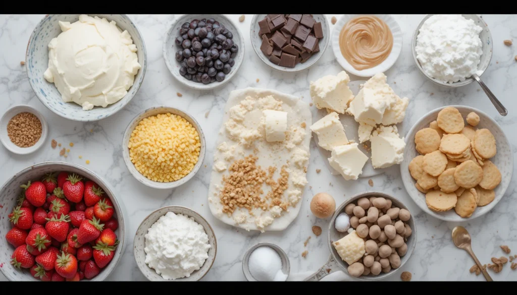 Ingredients for no-bake desserts including cream cheese, chocolate, biscuits, whipped cream, and fruits.