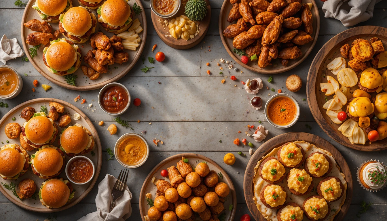 Assorted party food spread including sliders, wings, dips, and snacks for every occasion.