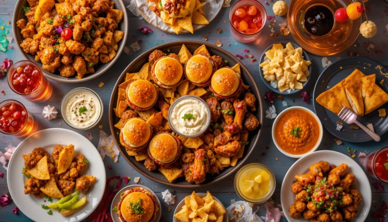 A festive party food table filled with mini sliders, nachos, wings, dips, and colorful drinks.