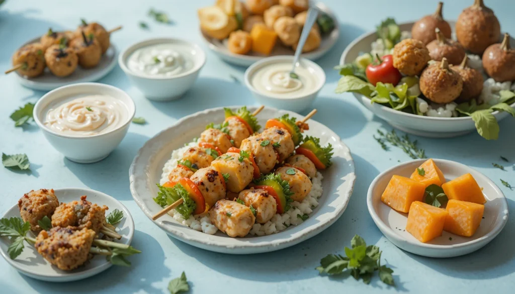 Healthy party food options including veggie skewers, fruit platters, and yogurt dips on a bright table.