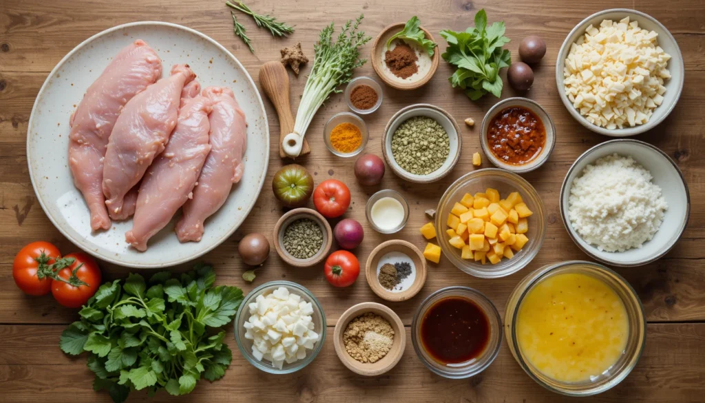 Ingredients for party food including fresh vegetables, cheese, herbs, and sauces.